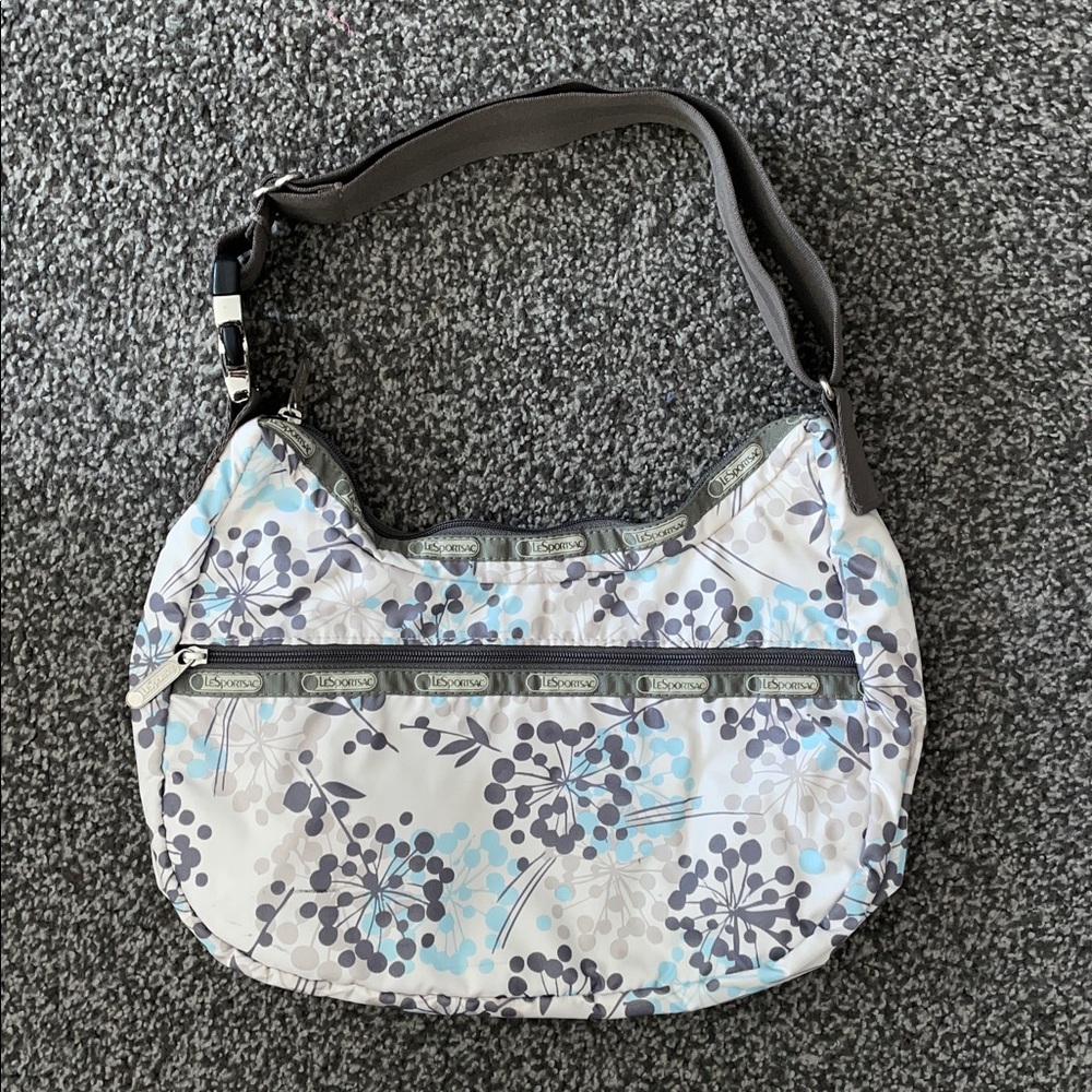 LeSportsac Hobo Shoulder Bag Purse Floral White Blue Gray EUC